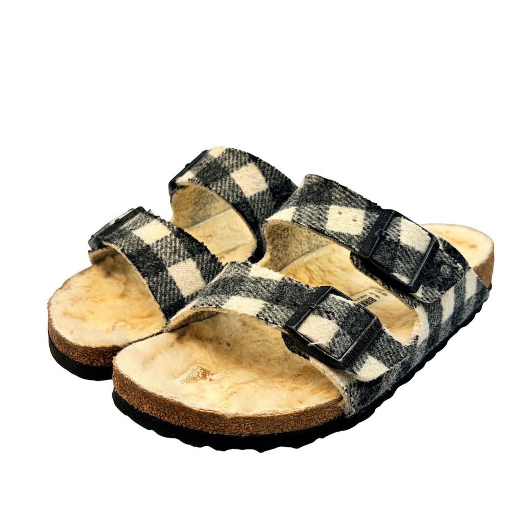 Birkenstock Arizona Buffalo Plaid Wool Shearling Sandals Blk Wht 38 L7 M5 *READ